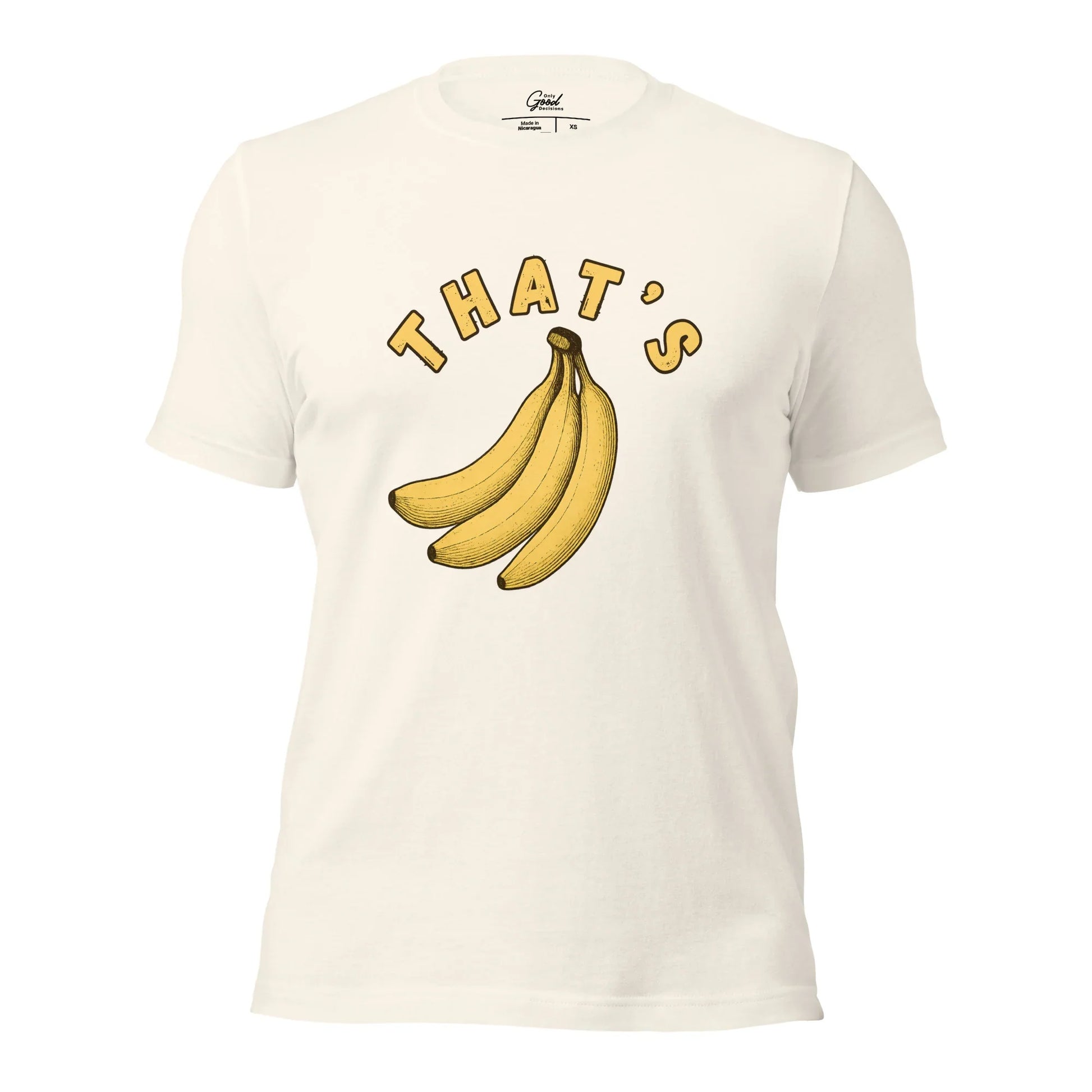 Vintage White That's Bananas visual pun graphic tee featuring the text "THAT'S" curved over an illustration of a bunch of bananas.