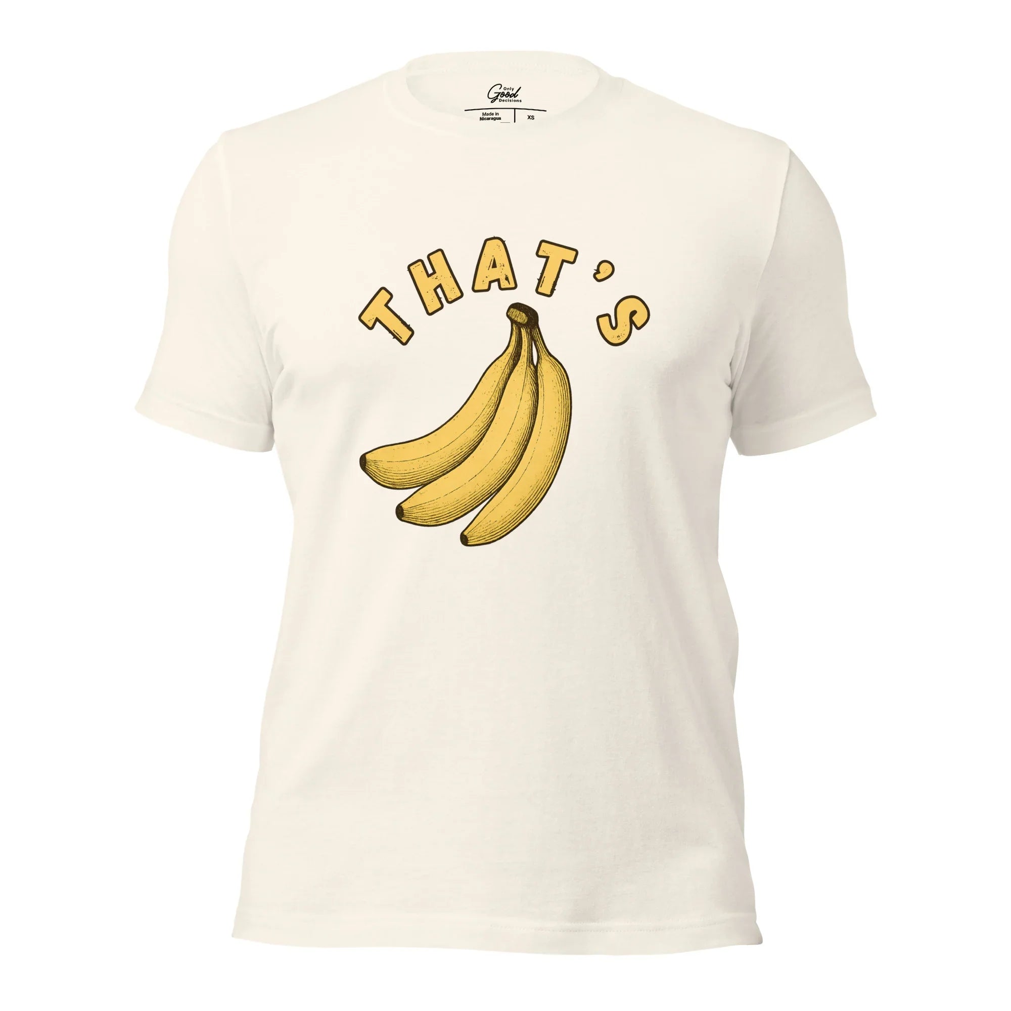 Vintage White That's Bananas visual pun graphic tee featuring the text "THAT'S" curved over an illustration of a bunch of bananas.