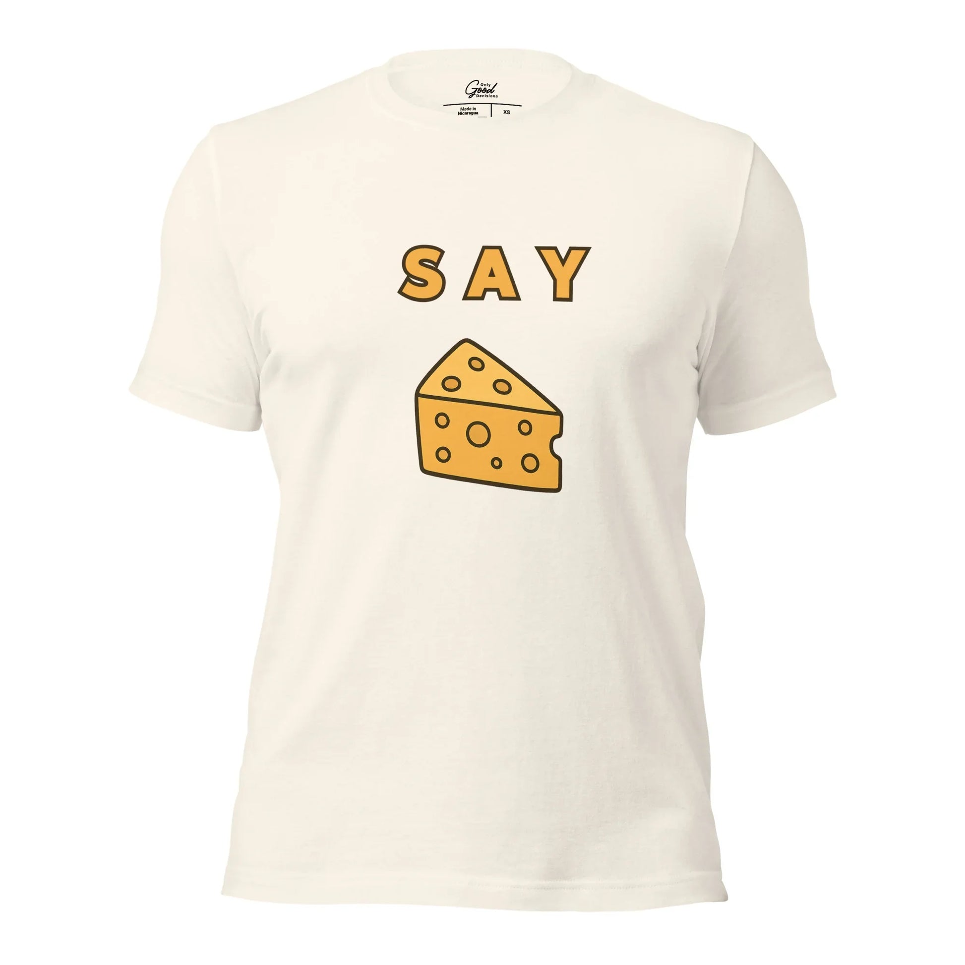 Vintage White Say Cheese visual pun graphic tee featuring the text "SAY" above a cartoon illustration of a wedge of swiss cheese.