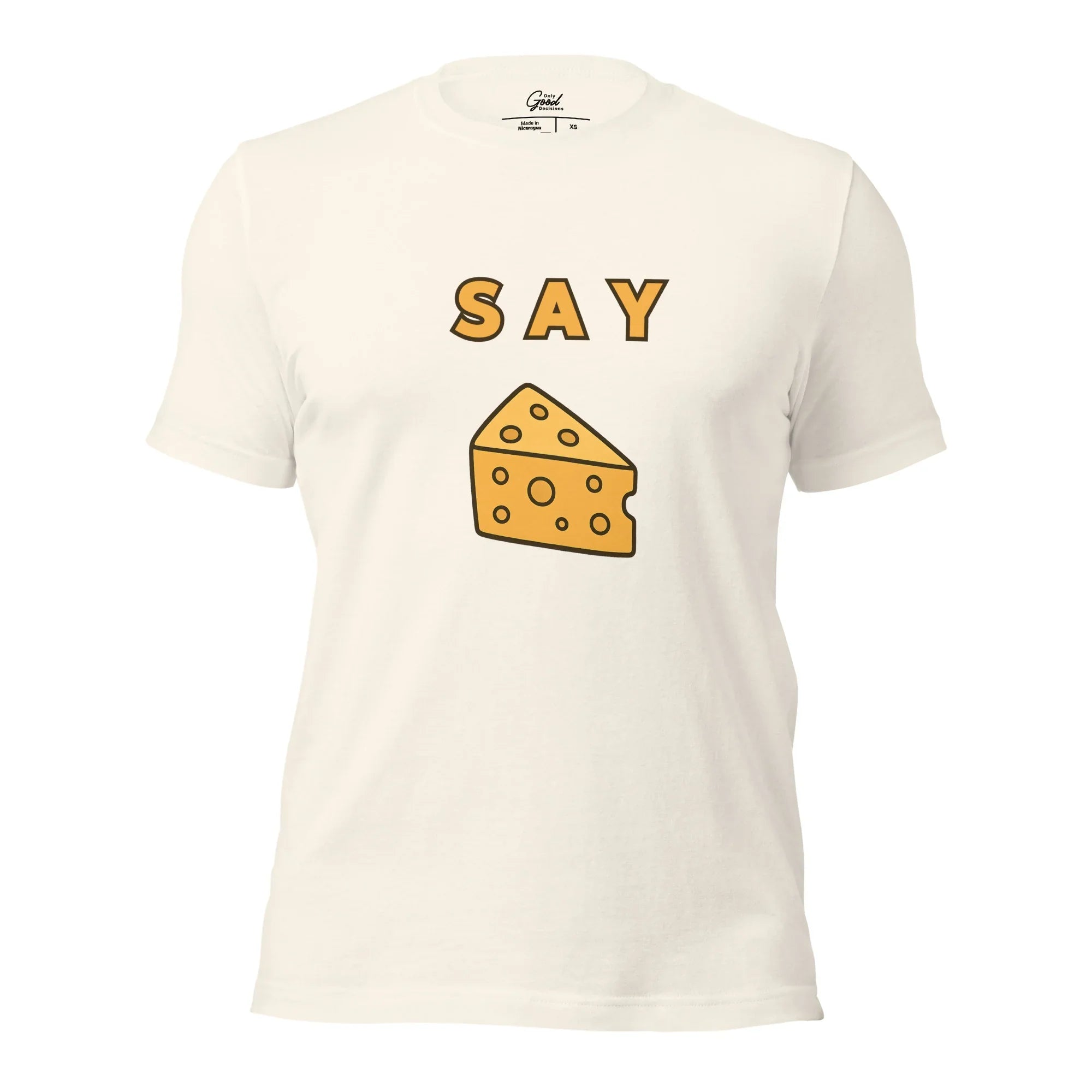 Vintage White Say Cheese visual pun graphic tee featuring the text "SAY" above a cartoon illustration of a wedge of swiss cheese.