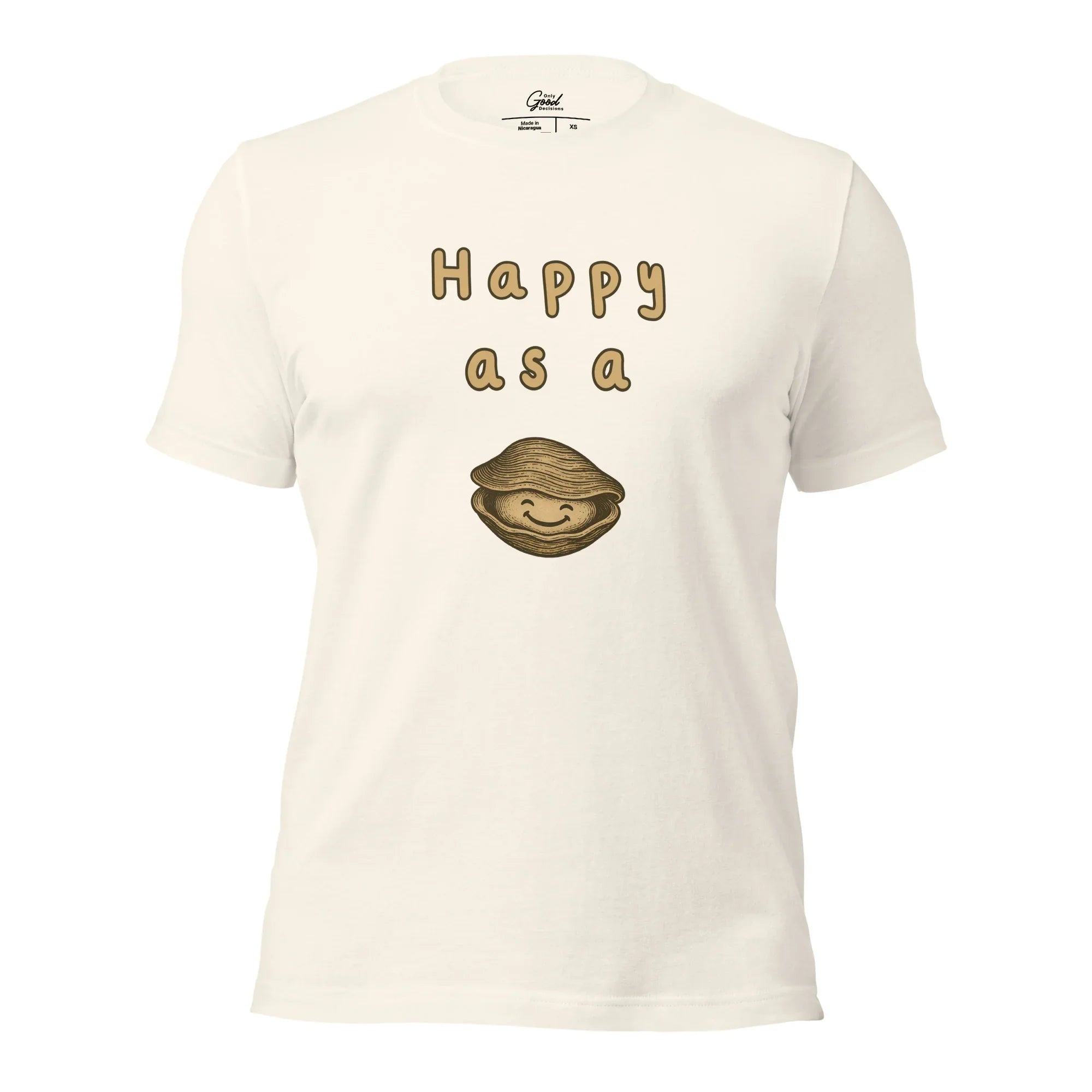 Vintage White Happy As A Clam classic idiom graphic tee featuring the text "Happy as a" above a cartoon illustration of a smiling clam.