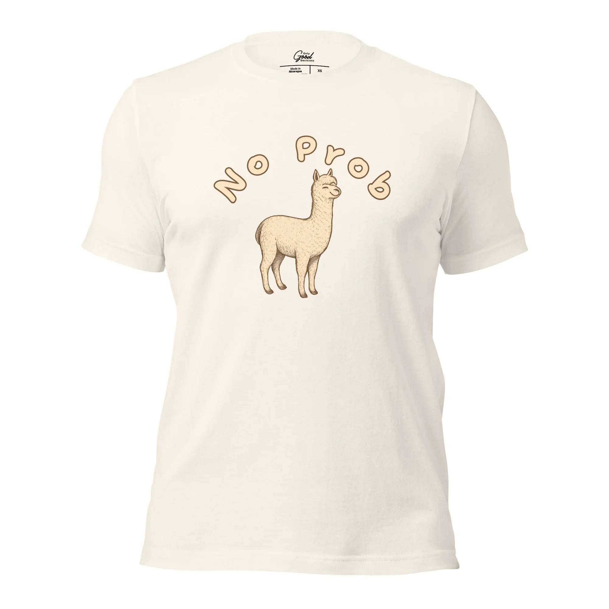 Vintage White No Prob-llama animal pun graphic tee featuring the text "NO PROB" arched over an illustration of a standing llama.
