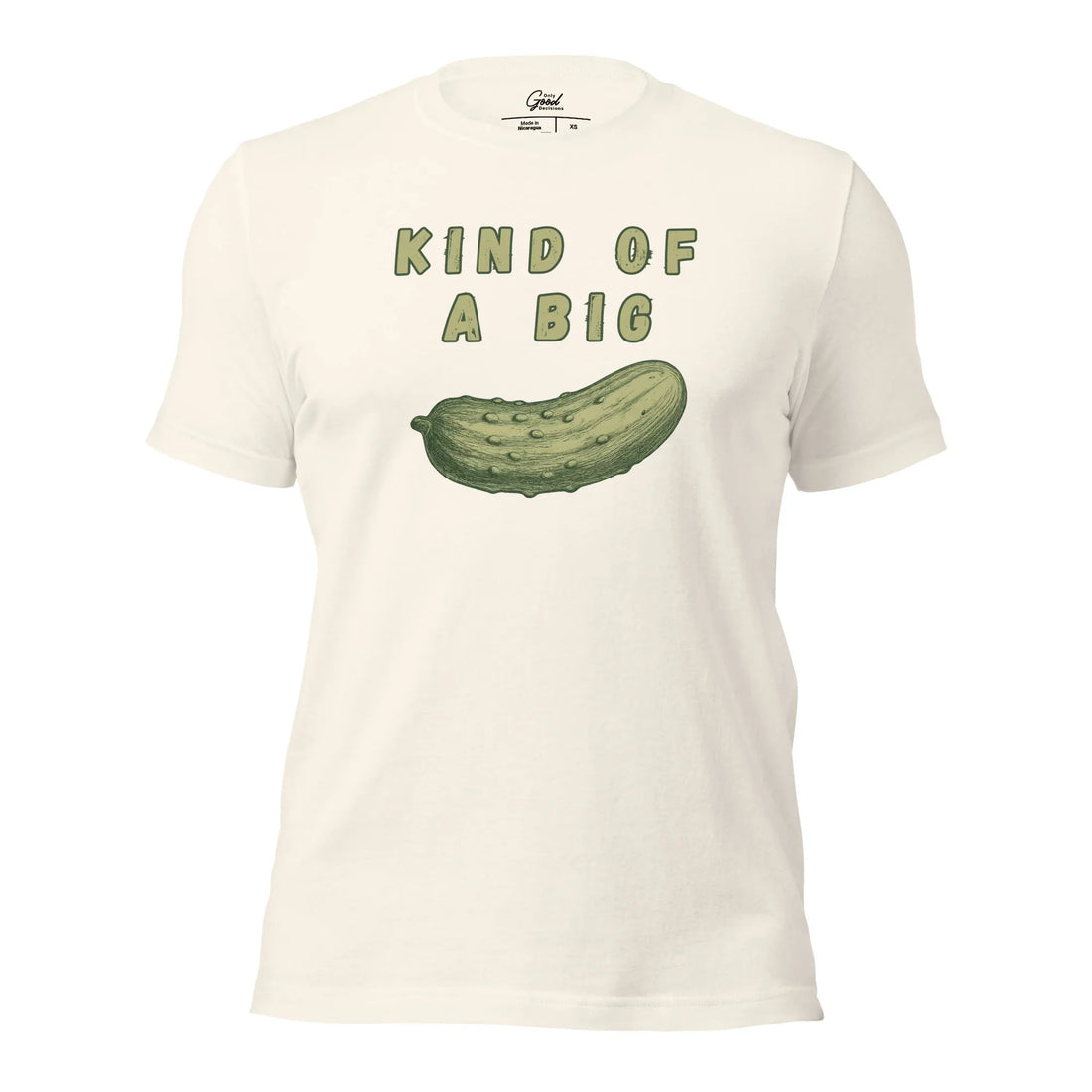 Vintage White Kind Of A Big Dill pickle pun graphic tee featuring the text "KIND OF A BIG" above a realistic illustration of a pickle.