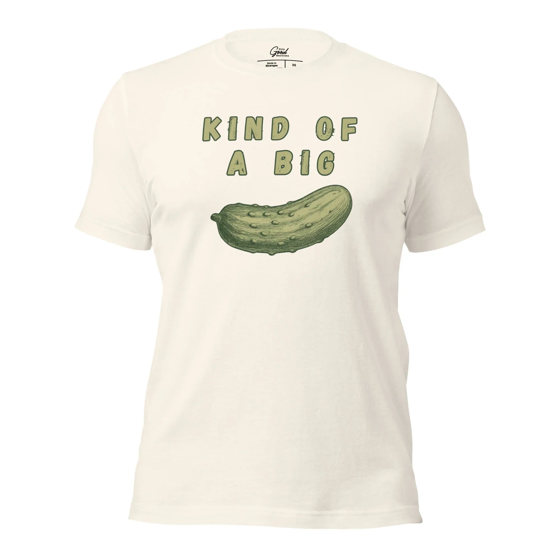 Vintage White Kind Of A Big Dill pickle pun graphic tee featuring the text "KIND OF A BIG" above a realistic illustration of a pickle.