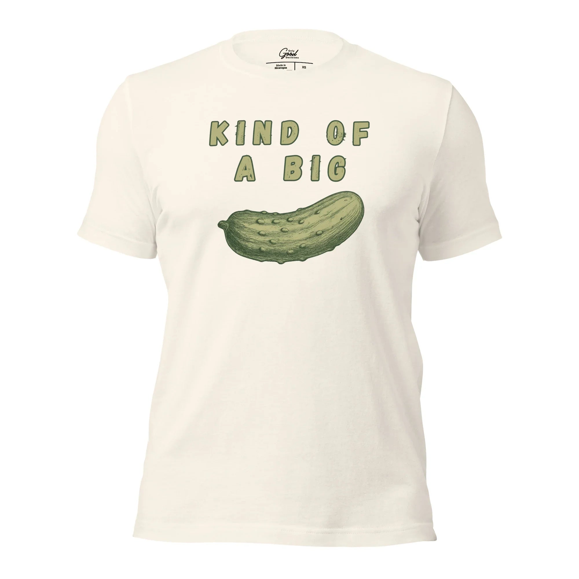 Vintage White Kind Of A Big Dill pickle pun graphic tee featuring the text "KIND OF A BIG" above a realistic illustration of a pickle.