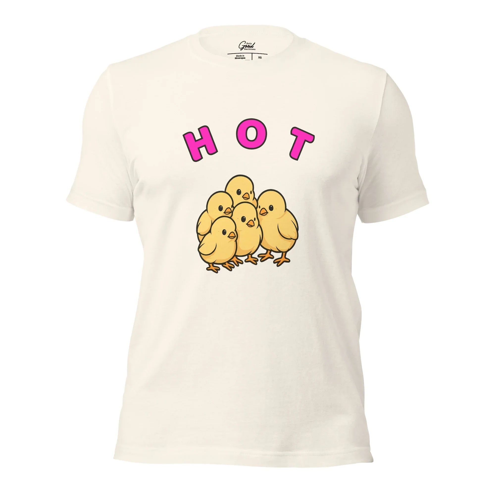 Vintage White Hot Chicks visual pun graphic tee featuring the text "HOT" in pink above an illustration of a group of baby chickens.