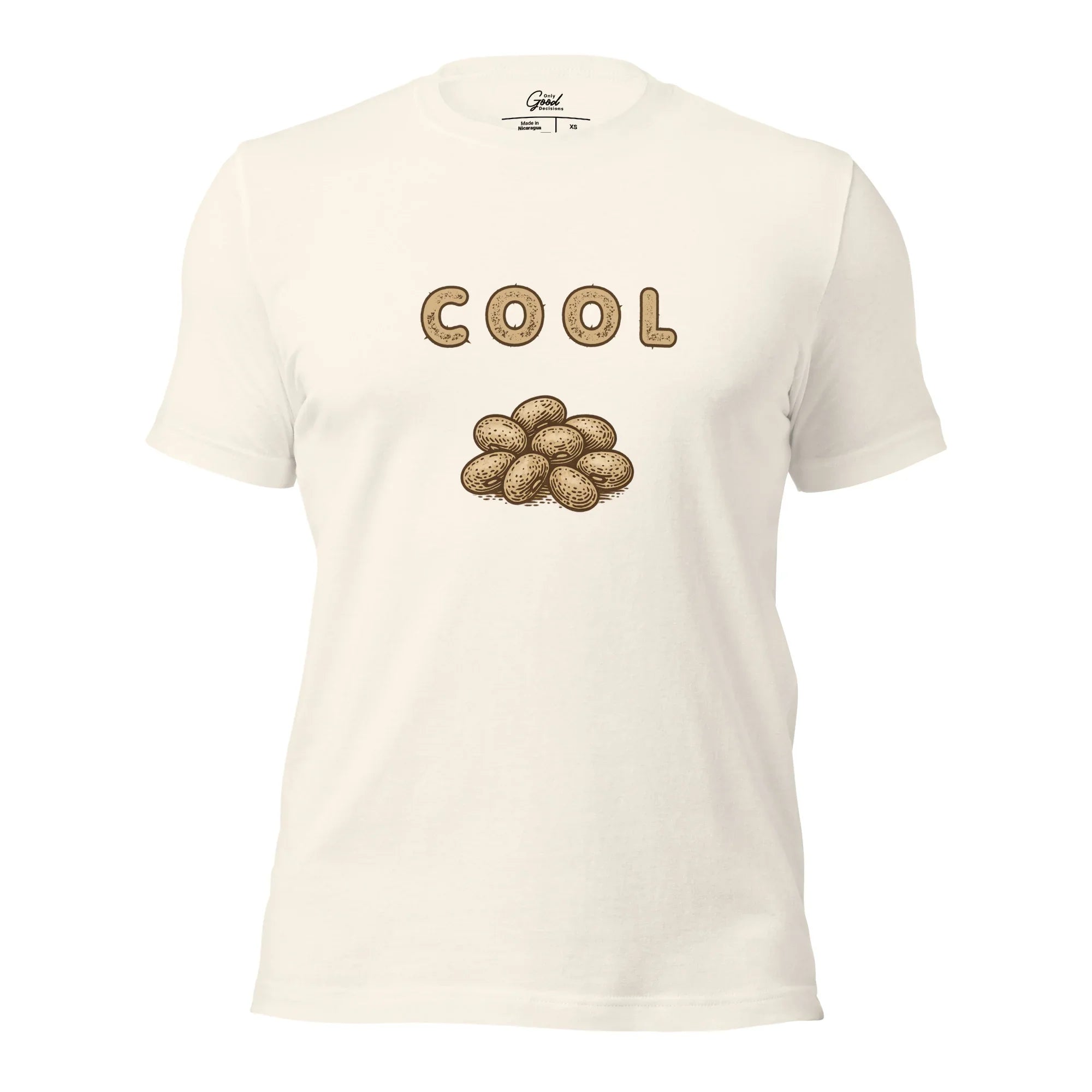 Vintage White Cool Beans retro slang graphic tee featuring the text "COOL" above an illustration of a pile of beans.