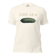 Vintage White Cool As A Cucumber visual pun graphic tee featuring the text "COOL AS A" above a realistic illustration of a cucumber.