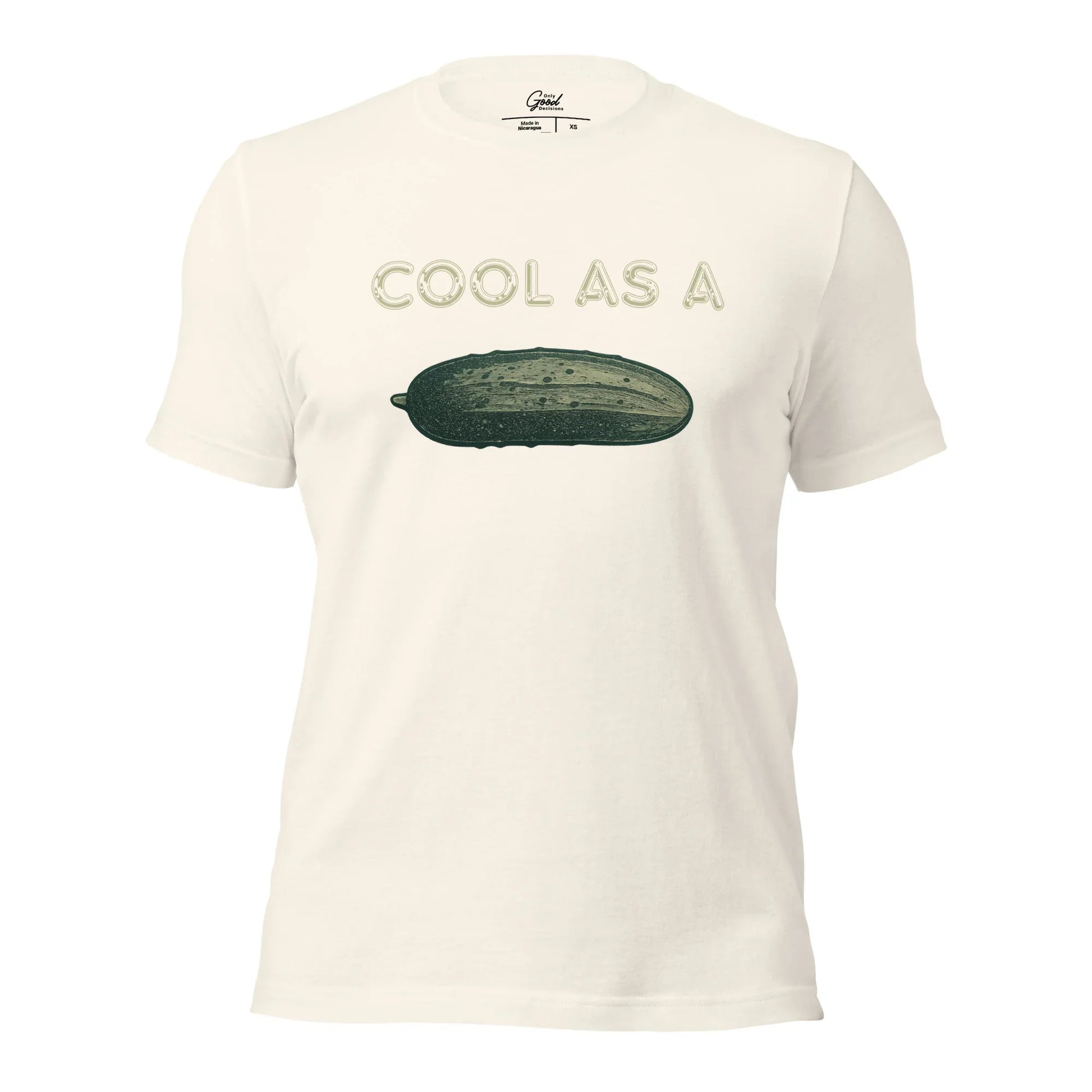Vintage White Cool As A Cucumber visual pun graphic tee featuring the text "COOL AS A" above a realistic illustration of a cucumber.