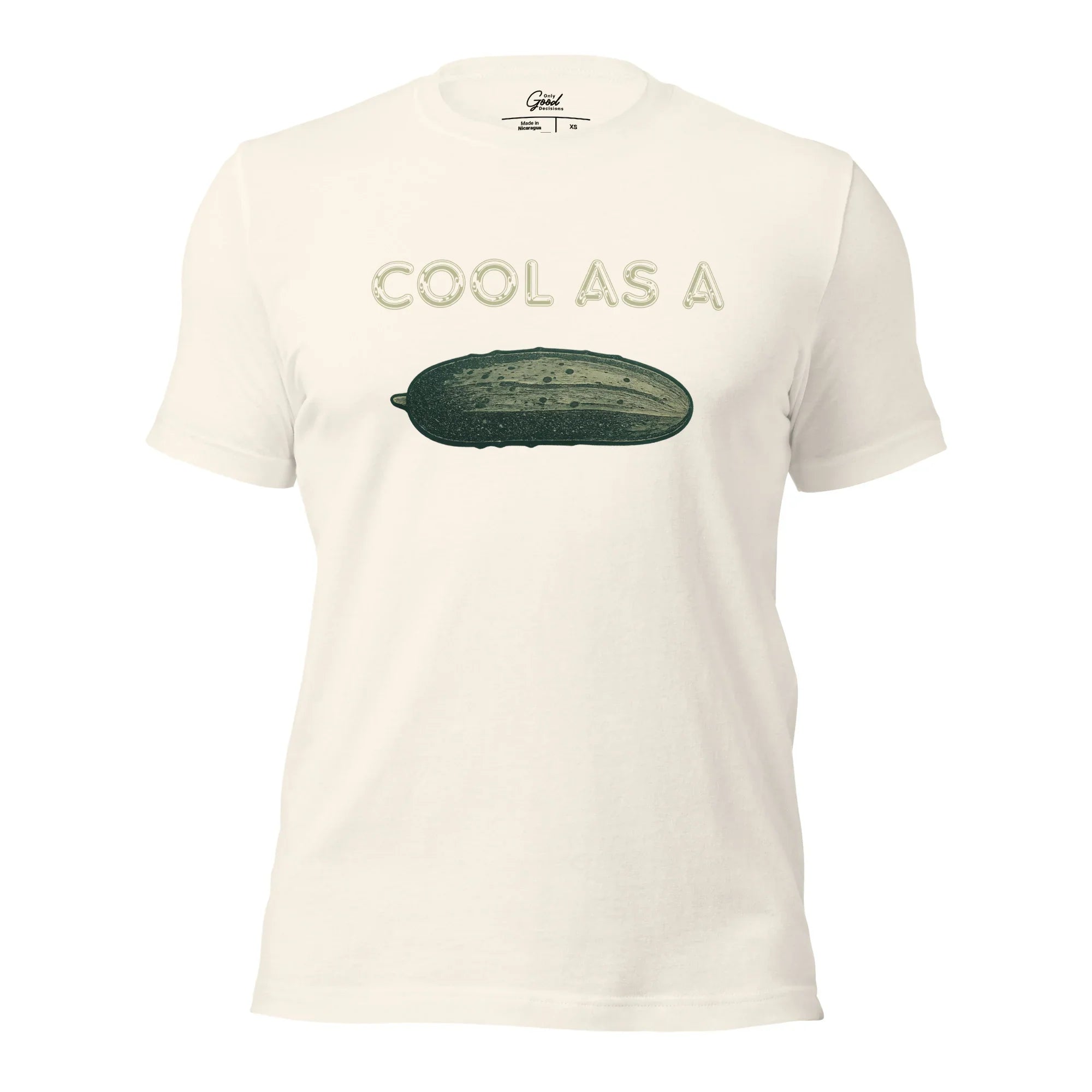 Vintage White Cool As A Cucumber visual pun graphic tee featuring the text "COOL AS A" above a realistic illustration of a cucumber.