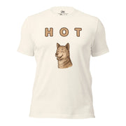 Vintage White Hot Dog visual pun graphic tee featuring the text "HOT" above an illustration of a happy, panting dog.