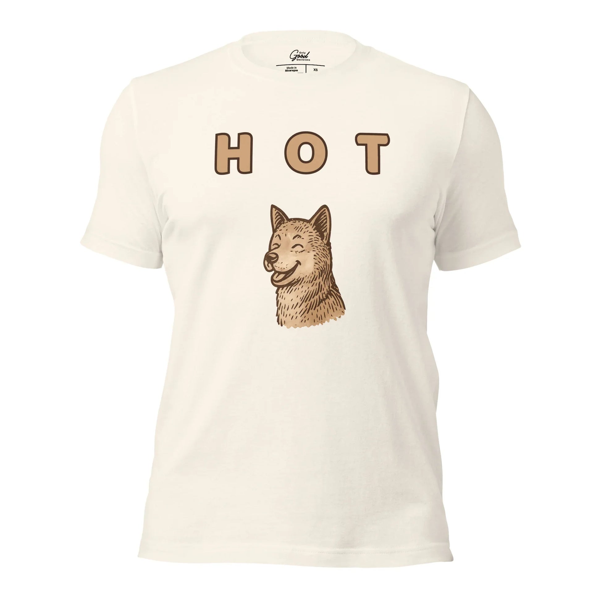 Vintage White Hot Dog visual pun graphic tee featuring the text "HOT" above an illustration of a happy, panting dog.