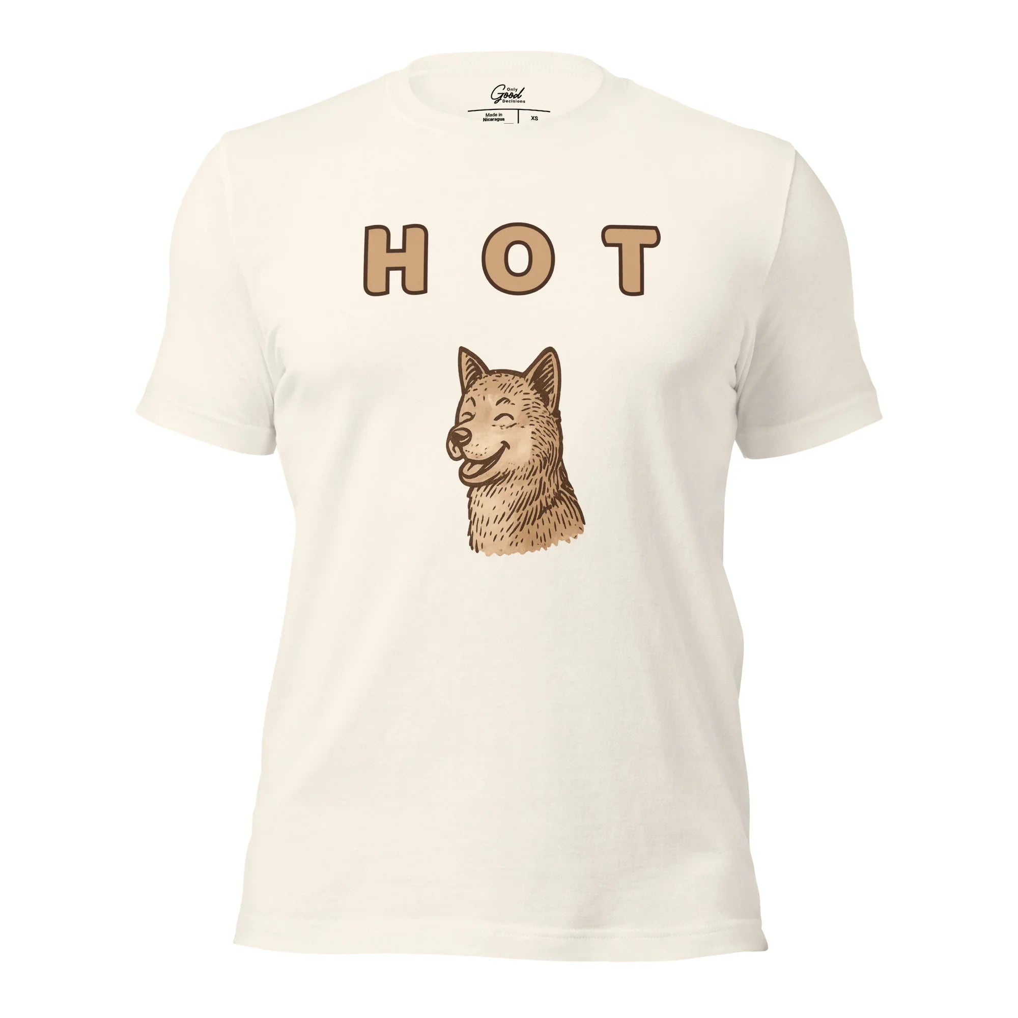 Vintage White Hot Dog visual pun graphic tee featuring the text "HOT" above an illustration of a happy, panting dog.