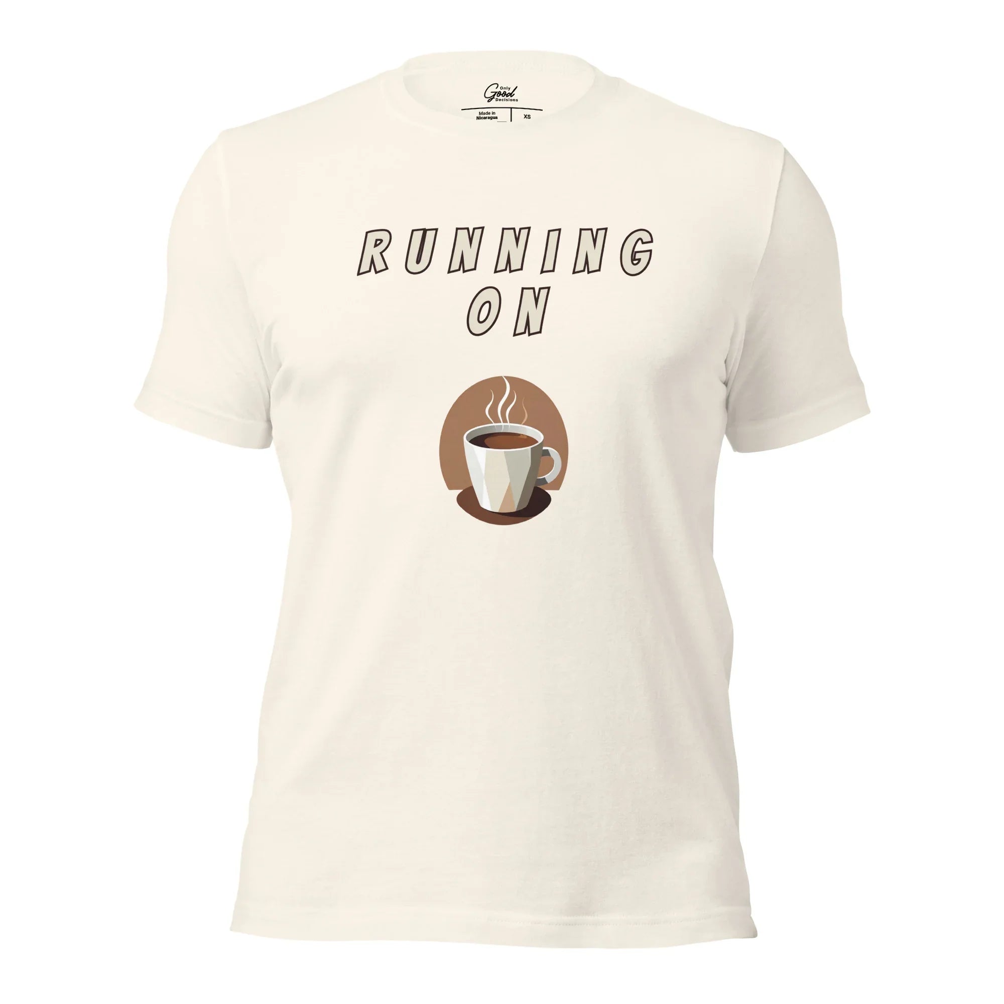 Vintage White Running On Espresso coffee lover graphic tee featuring the text "RUNNING ON" above an illustration of a steaming cup of espresso.