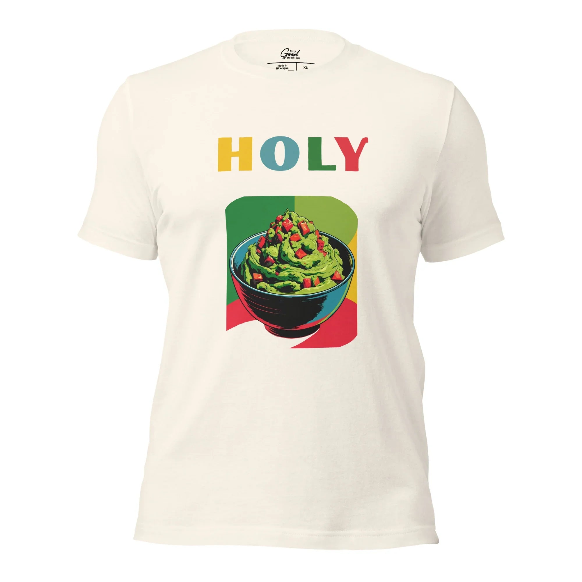 Vintage White Holy Guacamole food pun graphic tee featuring the text "HOLY" above a colorful illustration of a bowl of guacamole.