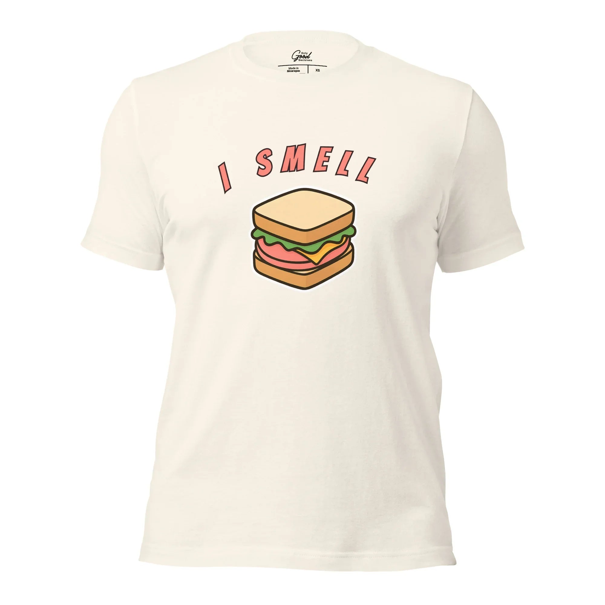 Vintage White I Smell Bologna visual pun graphic tee featuring the text "I SMELL" above a cartoon illustration of a bologna sandwich.