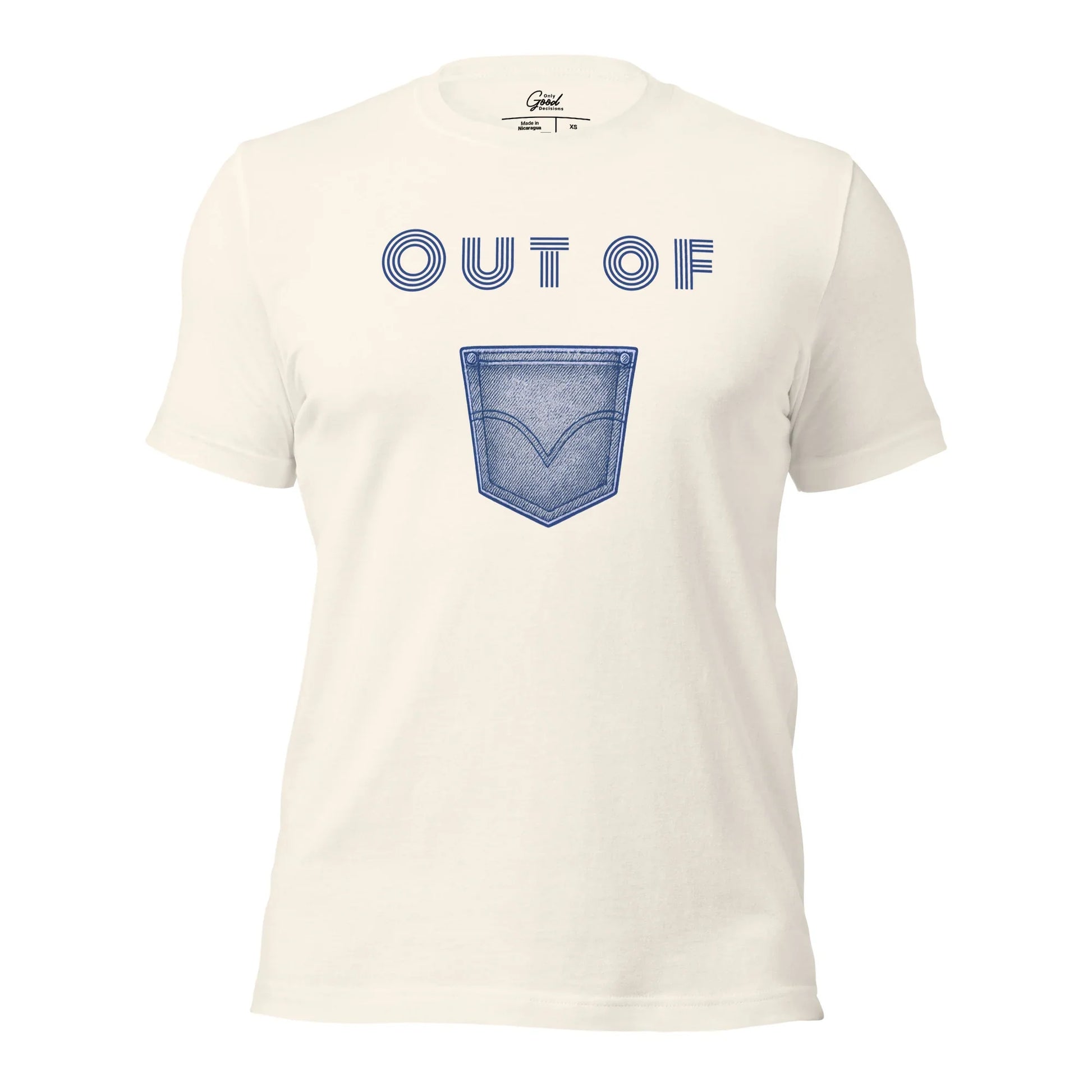 Vintage White Out Of Pocket visual pun graphic tee featuring the text "OUT OF" above a graphic of a blue denim pocket.