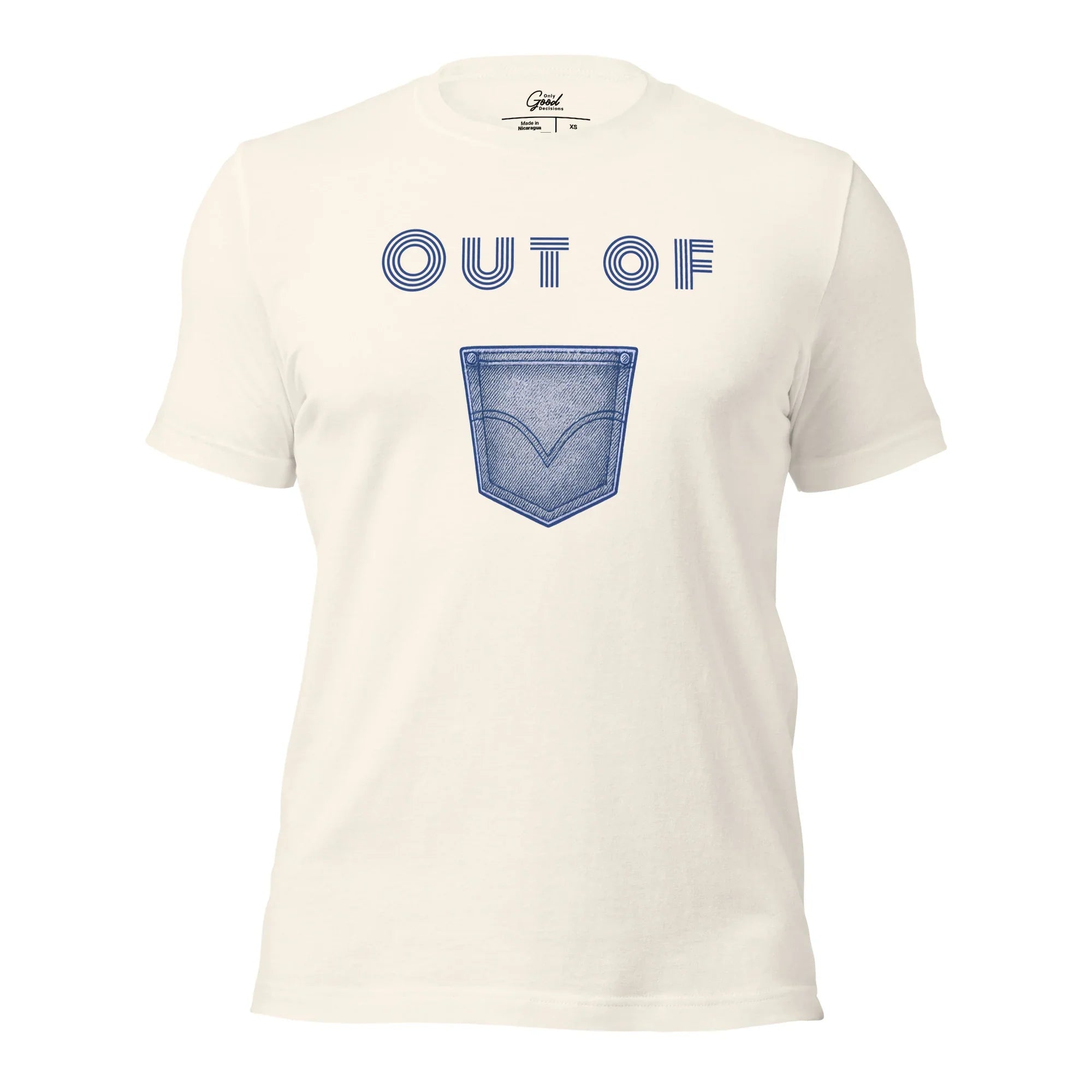 Vintage White Out Of Pocket visual pun graphic tee featuring the text "OUT OF" above a graphic of a blue denim pocket.