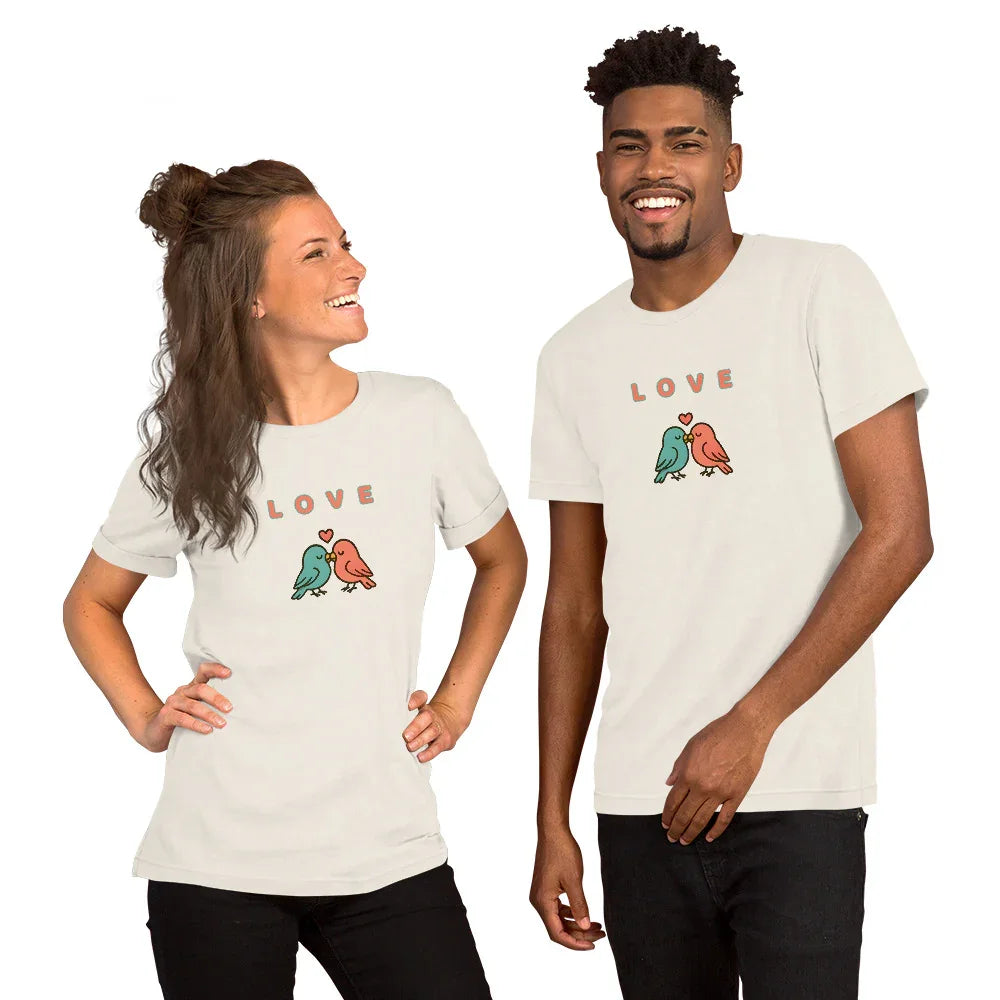Vintage White Love Birds visual pun graphic tee featuring the text "LOVE" above an illustration of two birds.